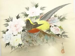 アンティーク　作家物　塩瀬　手描き　雉に牡丹模様名古屋帯